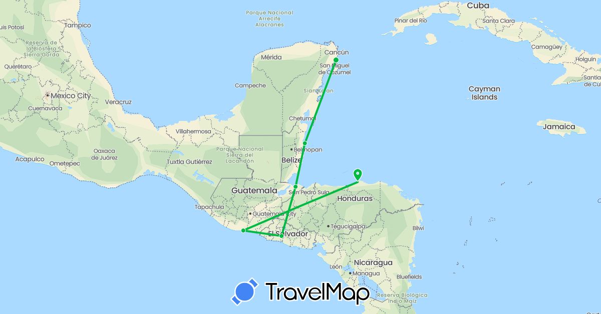 TravelMap itinerary: driving, bus in Belize, Guatemala, Honduras, Mexico, El Salvador (North America)
